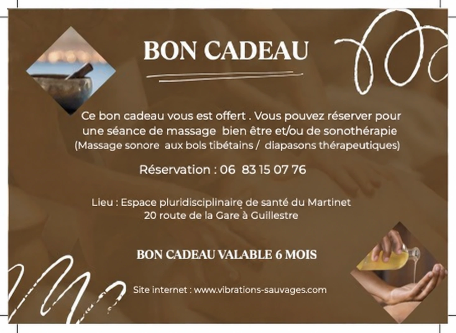 Verso du bon cadeau : coordonnées de réservation et validité de six mois